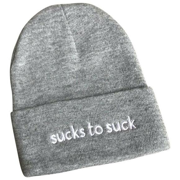 5/$65 Unisex SUCKS TO SUCK Hat Watch Cap Boggan Toboggan Gray Grey White - Picture 1 of 5